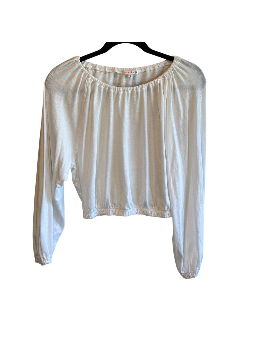 Sundry White Textured Cotton Long Sleeve Cropped Tee - size 1 (Small)